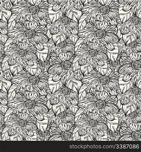 vector seamless monochrome pattern with abstract flowers, 4 clipping masks