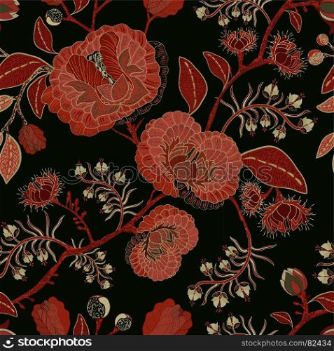 Vector seamless nature pattern. Background with big decorative flowers. Dark floral pattern. Gothic style. Vector seamless nature pattern. Background with big decorative flowers. Dark floral pattern. Gothic