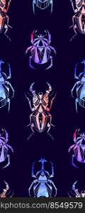 Vector seamless neon pattern with watercolor beetles and bedbugs on a purple background. Entomology texture. Fabric swatch with polygonal insects.. Vector seamless neon pattern with watercolor beetles and bedbugs on a purple background. Entomology texture.