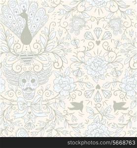 vector seamless patterm with vintage roses, skulls and peacocks