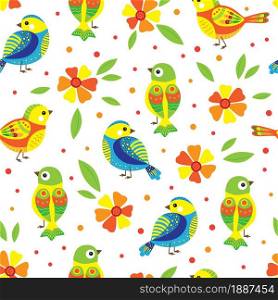 Vector seamless pattern. A collection of cartoon stylized birds. Artistic illustration. Graphic decoration art.