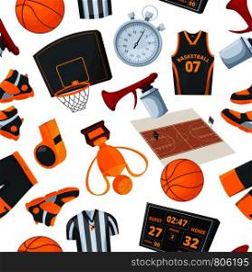 Vector seamless pattern at basketball theme. Illustrations in cartoon style. Ball game and basketball equipment wallpaper. Vector seamless pattern at basketball theme. Illustrations in cartoon style