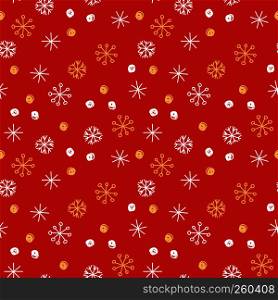 Vector seamless pattern background. Winter gold and white snowflakes and snowballs on red background. Can be used for fashion, textile, scrapbooking, wall paper and decoration projects.. Vector seamless pattern background. Winter snowflakes and snowballs on blue background. Can be used for fashion, textile, scrapbooking, wall paper and decoration projects.