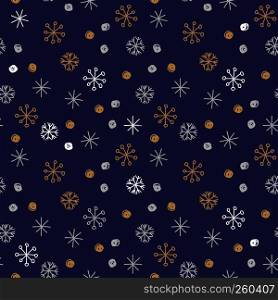Vector seamless pattern background. Winter snowflakes and snowballs on blue background. Can be used for fashion, textile, scrapbooking, wall paper and decoration projects.. Vector seamless pattern background. Winter snowflakes and snowballs on blue background. Can be used for fashion, textile, scrapbooking, wall paper and decoration projects