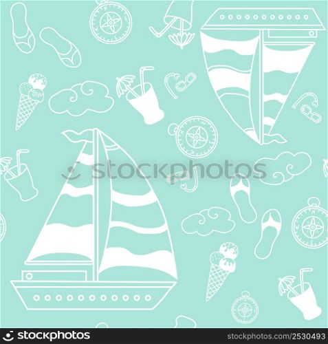 Vector seamless pattern.Blue background with nautical theme. Ships, clouds with a cocktail and ice cream, beach slippers and a swimming mask. Packaging, design and printing. white line