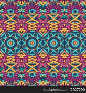 Vector seamless pattern colorful ethnic geometric psychedelic print design. Boho tribal style. Ornamental ethnic geometric vintage background texture seamless pattern vector in bohemian style