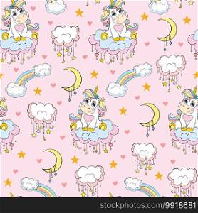Vector seamless pattern. Cute baby unicorn with rainbow and clouds isolated on pink background. Illustration for party, print, baby shower, wallpaper, design, decor,design cushion, linen, dishes.. Seamless vector pattern cute baby unicorn pink