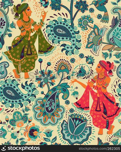 Vector seamless pattern, decorative indian style. Stylized flowers and indian dancers. Colorful vector illustration. Design for textile, fabric, postcard, cover, print, gift pape