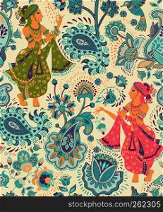 Vector seamless pattern, decorative indian style. Stylized flowers and indian dancers. Colorful vector illustration. Design for textile, fabric, postcard, cover, print, gift pape