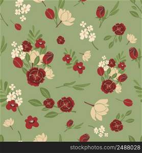 Vector seamless pattern, delicate red and cream flowers and greens on a green background. Fashion illustration in trend