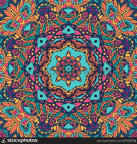 Vector seamless pattern doodle art mandala. Ethnic design with colorful ornament. Geometric medallion psychedelic boho style print.. Vector seamless pattern doodle art mandala. Ethnic design with colorful ornament.