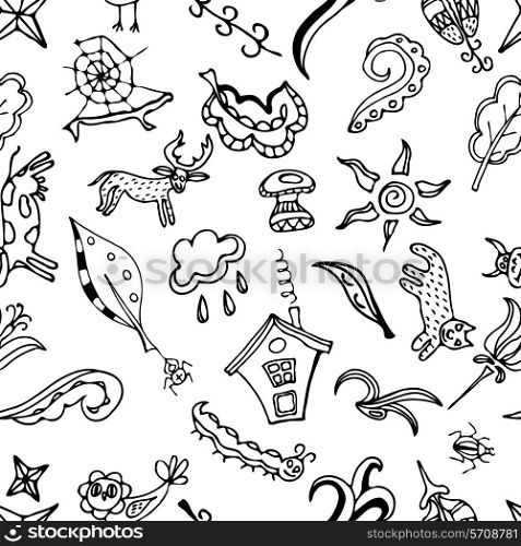 Vector seamless pattern, doodling design. Kids illustration. Doodle background