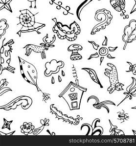 Vector seamless pattern, doodling design. Kids illustration. Doodle background