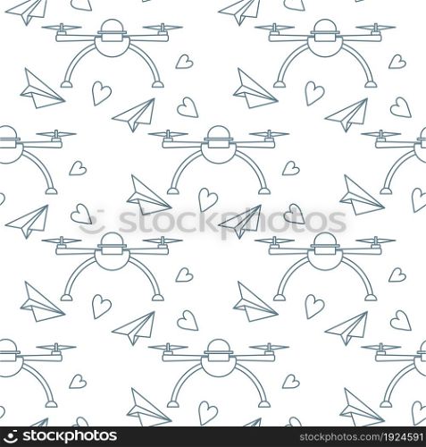 Vector seamless pattern Drone, paper airplane, hearts Valentine&rsquo;s day, wedding, Birthday. Romantic background Fast delivery to customer Future transportation concept Design for wrapping, fabric, print
