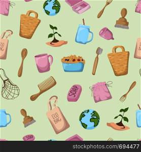 Vector seamless pattern. Eco things - bamboo, cotton bag, food basket, glass cup on white background. Ecological problem of plastic pollution. Reusable eco friendly materials. Vector flat image.. NatureEcologyPollution