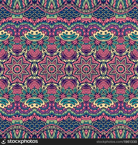 Vector seamless pattern. Ethnic boho geometric psychedelic colorful print with doodle graphic flowers and ornaments.. Tribal vintage abstract geometric ethnic boho seamless pattern ornamental