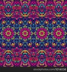 Vector seamless pattern ethnic tribal geometric psychedelic colorful print. Colorful Tribal Ethnic Festive Abstract Floral Pattern
