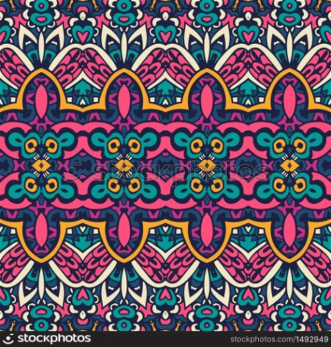 Vector seamless pattern ethnic tribal geometric psychedelic colorful print. Festive colorful seamless vector pattern psychedelic doodle art