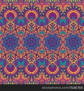 Vector seamless pattern ethnic tribal geometric psychedelic colorful print. Abstract festive colorful floral vector ethnic tribal pattern