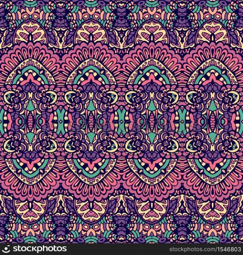 Vector seamless pattern ethnic tribal geometric psychedelic colorful print. Abstract festive colorful floral vector ethnic tribal pattern