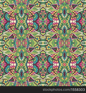 Vector seamless pattern ethnic tribal geometric psychedelic colorful print. Spring and summer repaet with flowers and leaves. Abstract festive colorful grunge vector ethnic tribal pattern