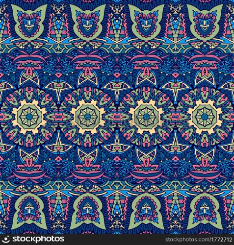 Vector seamless pattern ethnic tribal geometric psychedelic colorful print. Tribal vintage abstract geometric ethnic seamless pattern ornamental