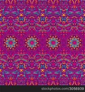 Vector seamless pattern ethnic tribal geometric psychedelic colorful print. Festive colorful seamless vector pattern psychedelic doodle art
