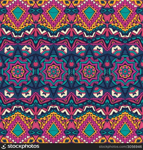 Vector seamless pattern ethnic tribal geometric psychedelic colorful print. Tribal vintage abstract floral geometric ethnic seamless pattern ornamental