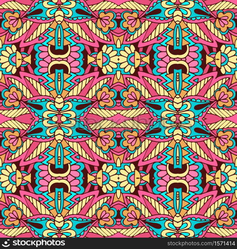 Vector seamless pattern ethnic tribal geometric psychedelic colorful print. Ethnic tribal festive pattern for fabric. Abstract Doodle style seamless pattern ornamental. Mexican design