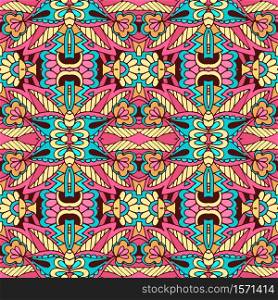 Vector seamless pattern ethnic tribal geometric psychedelic colorful print. Ethnic tribal festive pattern for fabric. Abstract Doodle style seamless pattern ornamental. Mexican design