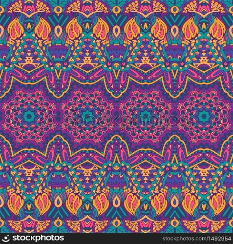 Vector seamless pattern ethnic tribal geometric psychedelic colorful print. Intricate doodle textile design. Vector seamless pattern flower colorful mexican art