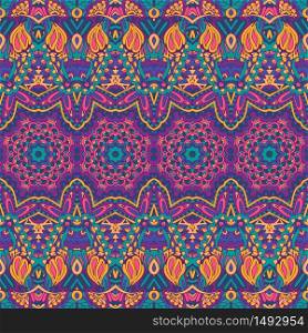 Vector seamless pattern ethnic tribal geometric psychedelic colorful print. Intricate doodle textile design. Vector seamless pattern flower colorful mexican art