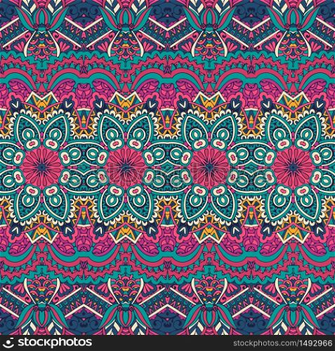 Vector seamless pattern ethnic tribal geometric psychedelic colorful print. Intricate doodle textile design. Tribal seamless colorful geometric shapes pattern. Ethnic striped vector texture for fabric textile.Traditional ornamental motifs.