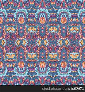 Vector seamless pattern ethnic tribal geometric psychedelic colorful print. Tribal seamless colorful geometric shapes pattern. Ethnic striped vector texture for fabric textile.Traditional ornamental motifs.
