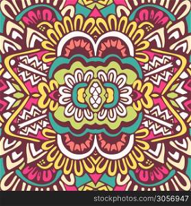 Vector seamless pattern. Ethnic tribal geometric psychedelic colorful print with flowers and mandalas.. Ethnic tribal festive pattern for fabric. Abstract Doodle style seamless pattern ornamental. Mexican design