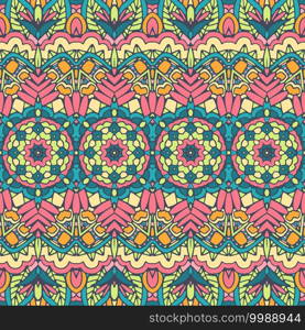 Vector seamless pattern. Ethnic tribal geometric psychedelic colorful print with flowers and mandalas.. seamless pattern ornamental