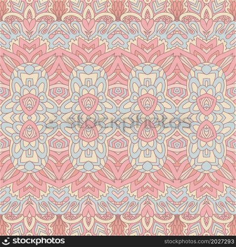 Vector seamless pattern Ethnic tribal natural color print vintage design. Bohemian style. Pastel colors asian tribal seamless pattern fort fabric. Bohemian nomadic style doodle handdrawn arts.