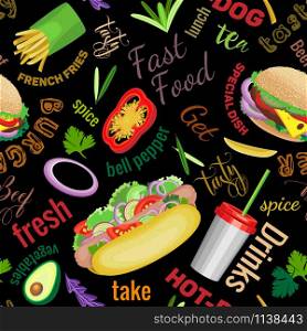 Vector seamless pattern. Fast food and spices with the words on a black background