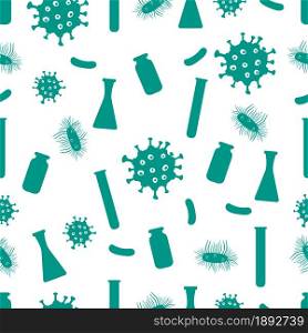 Vector seamless pattern flasks, microbe, virus, bacteria, disease germs microorganism on white background. Lab. Biology, medicine, pharmacy, experiment. Science. Design for websites, wrapping, print