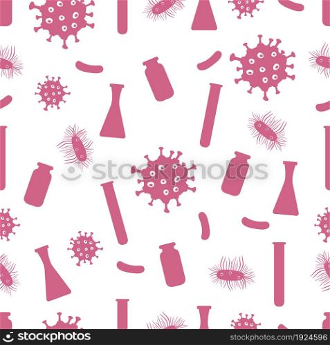 Vector seamless pattern flasks, microbe, virus, bacteria, disease germs microorganism on white background. Lab. Biology, medicine, pharmacy, experiment. Science. Design for websites, wrapping, print