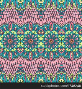 Vector seamless pattern flower colorful ethnic tribal geometric psychedelic mexican print. Trendy african tribal seamless pattern for fabric. Bohemian nomadic style doodle handdrawn arts.