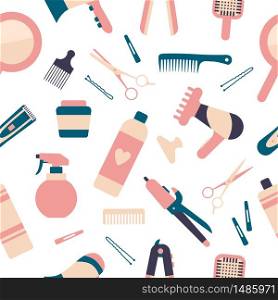 Vector seamless pattern for hair salon. Hair instruments and elements on white background