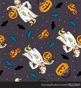 Vector seamless pattern for Halloween. Pumpkin, bats and boy in a ghost costume. Bright cartoon pattern for Halloween. For print, design, decor. Vector seamless pattern for Halloween with a boy in a ghost costume