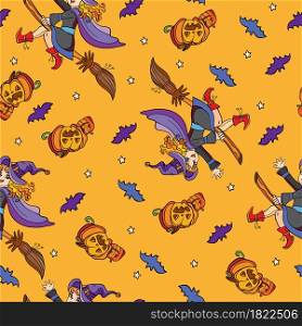 Vector seamless pattern for Halloween. Pumpkin, bats and little cute witch flying on a broomstick. Bright cartoon pattern for Halloween. For print, design, decor.. Vector seamless pattern for Halloween with pumpkin and witch