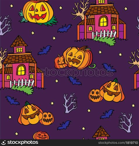 Vector seamless pattern for Halloween. Pumpkin, ghost house, bat and other items on Halloween theme. Bright cartoon pattern for Halloween. For print, design, decor. Vector seamless pattern for Halloween with pumpkin and ghost house