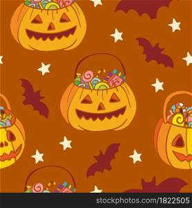 Vector seamless pattern for Halloween. Pumpkins with sweets, bats and stars. Halloween theme. Bright cartoon pattern for Halloween. For print, design, decor.. Vector seamless pattern for Halloween with pumpkins and bats