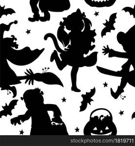 Vector seamless pattern for Halloween with black silhouettes of children in halloween costumes, bats and pumpkin on white background. Cartoon pattern. For print, design, decor.. Vector seamless pattern with silhouette of children in halloween costumes