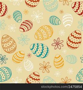 Vector seamless pattern for happy Easter day with decorative hand drawn eggs and flowers for fabric print, textilex wrapping paper.. Vector seamless pattern for happy Easter day with decorative hand drawn eggs and flowers for fabric print, textilex wrapping paper