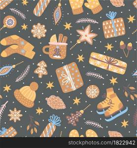 Vector seamless pattern for New Year and Christmas. Cozy hand-drawn illustration with gifts, branches, gingerbread and other seasonal decorative elements on a dark background for wrapping paper, fabrics and other.