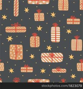 Vector seamless pattern for New Year and Christmas. Cozy hand-drawn illustration with gifts and stars. Seasonal decorative elements on a dark background for wrapping paper, fabrics and other.